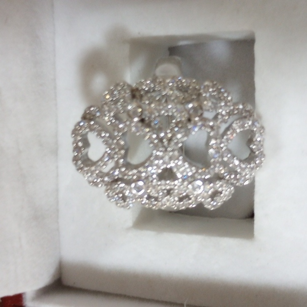 925 SOLID STERLING SILVER RING w/ RHODIUM FINISH... Sz: 11 ... Open HEARTS w/Dia
